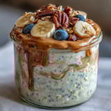 A creamy jar of High-Protein Peanut Butter Overnight Oats ready for a nutritious morning meal.