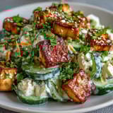 Crispy tofu and crunchy cucumbers are tossed in a creamy sesame-ginger dressing. A perfect protein-packed vegetarian lunch or light dinner.