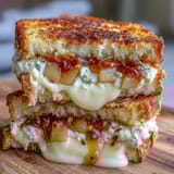 Warm, gooey Goat Cheese Grilled Cheese with Honey & Chili Flakes rests on a white plate, cut in half to show the melted filling.