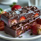 A decadent Dubai-inspired chocolate bark with strawberries, pistachios, and rose petals, perfect for sharing.
