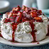 A golden crisp meringue base piled high with whipped cream and fresh strawberries in a classic pavlova dessert.