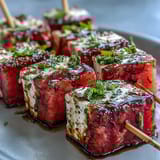 Watermelon feta mint skewers drizzled with olive oil and balsamic glaze, a colorful and light Mediterranean snack.  