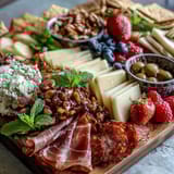 A delightful Spring Charcuterie Board with Edible Flowers and Fruits, featuring sliced apples, grapes, and creamy cheeses for a fresh, seasonal appetizer.