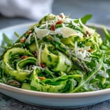 Bright asparagus ribbons tossed with lemon dressing and Parmesan shavings, a crisp and refreshing vegetarian appetizer.  