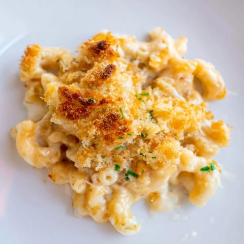 Freshly baked Macaroni and Cheese with a golden, crispy panko topping and melted cheddar.