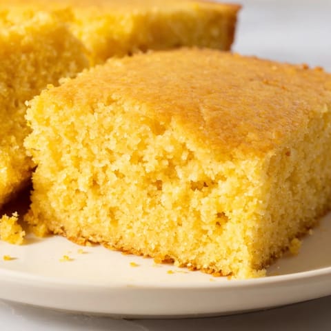 Freshly baked golden cornbread with a crisp edge sits in a square pan, its tender crumb inviting for a cozy meal.