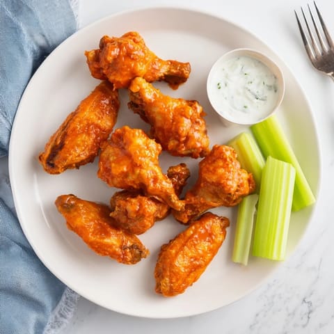 Plate of crispy Buffalo Wings with celery sticks and creamy blue cheese dip, ready for a game day snack.