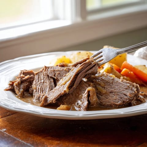 Sliced beef Pot Roast served with roasted potatoes and carrots on a rustic platter.