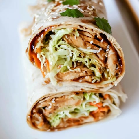 Golden-brown teriyaki chicken strips glazed in a sticky sauce, nestled in a soft tortilla with crisp shredded cabbage and carrots, ready to eat.