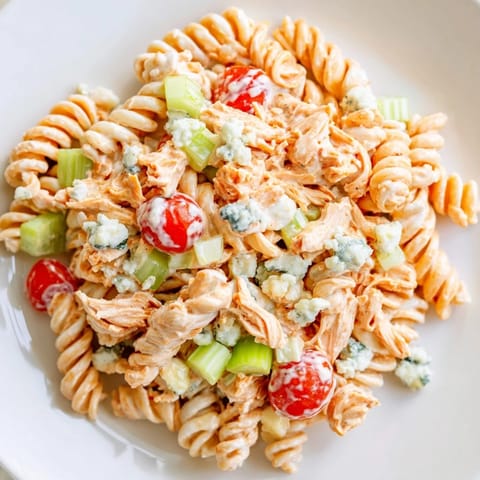 A chilled Buffalo Chicken Pasta Salad with tender buffalo chicken pieces, crunchy celery, red onion, and juicy tomatoes, topped with crumbled blue cheese and fresh chives.