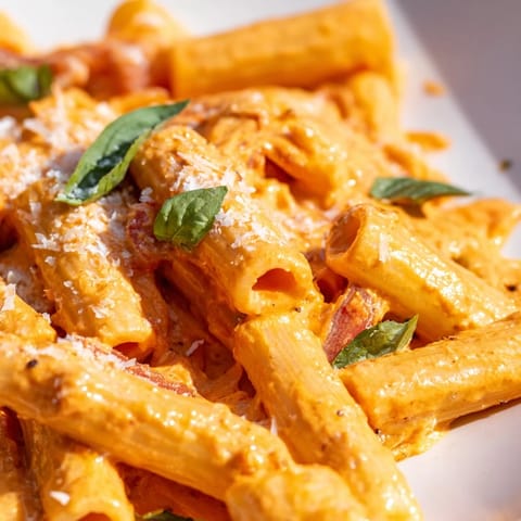 Creamy Roasted Red Pepper Pasta in a white bowl, garnished with fresh basil and extra Parmesan cheese for a weeknight vegetarian dinner.
