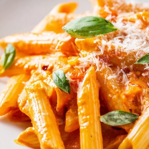 A skillet of creamy roasted red pepper pasta with penne coated in a velvety, vibrant orange sauce, steam rising from the surface.