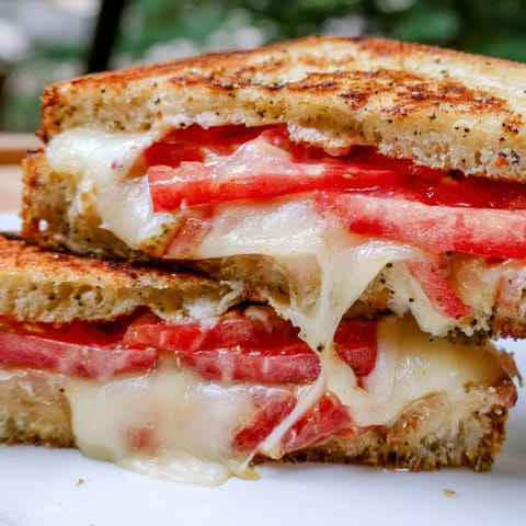 A close-up of a hot Pepper Jack & Tomato Grilled Cheese, melty cheese oozing from between jalapeño bread and ripe tomato.