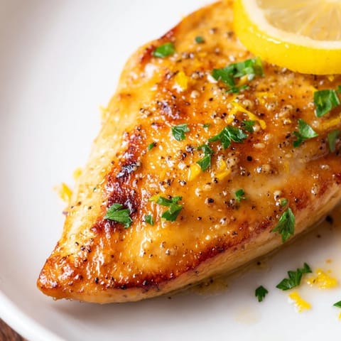 A golden skillet of lemon pepper chicken served alongside fluffy rice and a crisp green salad, with a drizzle of buttery sauce.