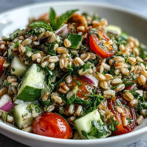 This chilled Barley and Herb Salad features diced cucumber, fresh herbs, and red onion, perfect as a refreshing vegetarian side dish for lunch.