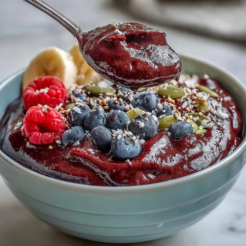 This Acai Berry Smoothie Bowl features a thick acai base topped with granola, chia seeds, and strawberries for a crunchy, nutritious breakfast.  