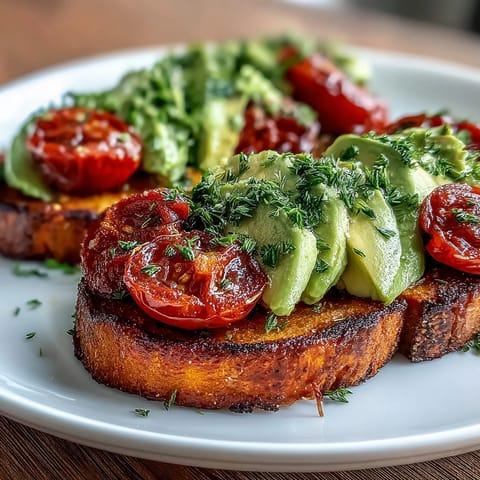 Golden roasted sweet potato slices topped with creamy avocado and halved cherry tomatoes, perfect for a savory vegetarian breakfast.  