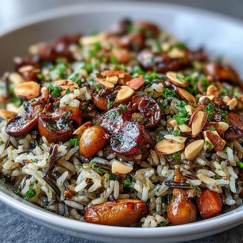 Fork-tender wild rice and mushroom pilaf served warm as a hearty side dish.