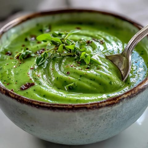 Creamy Courgette, Pea and Pesto Soup served in a rustic bowl, garnished with fresh basil and paired with crusty bread.