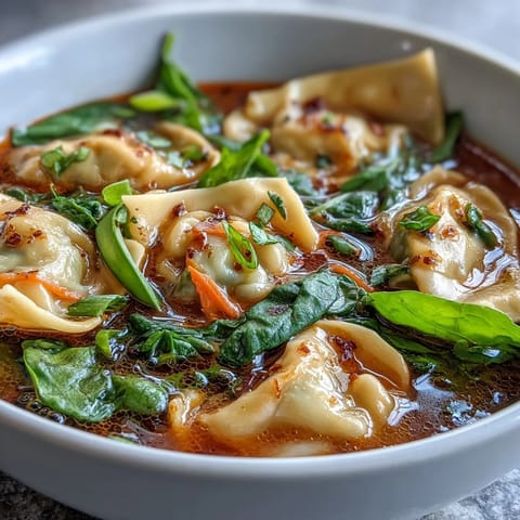 Bright red curry wonton soup with plump wontons and bok choy in a creamy coconut broth, garnished with cilantro.