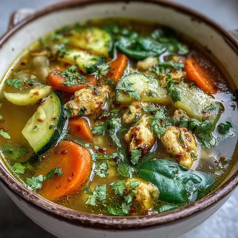 Bright yellow turmeric chicken soup simmering in a white bowl with carrots, celery, zucchini, and spinach, garnished with fresh cilantro.