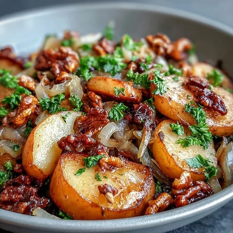 Golden caramelized apples and onions simmer in a skillet for Warm Apple and Sauerkraut Skillet Salad, topped with parsley and walnuts.