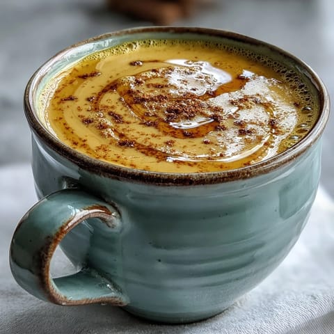Golden, creamy Turmeric and Ginger Golden Milk steams gently in a white mug with cinnamon sticks.