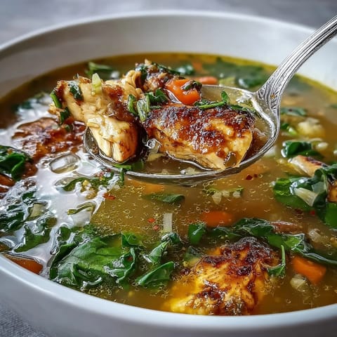 High Protein Lemon and Turmeric Chicken Soup ladle-ready next to fresh lemon wedges and a rustic spoon.
