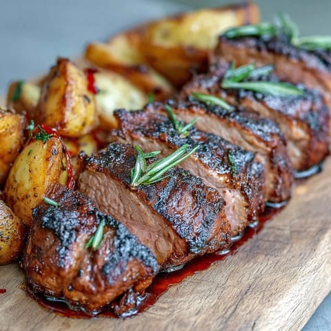 Roasted Ibérico pork fillet with crispy potatoes and sweet red peppers on a rustic plate.