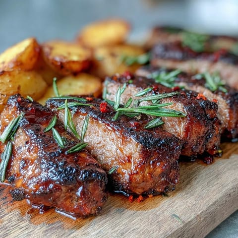 Sliced marinated Ibérico pork fillet beside roasted potatoes and red peppers, ready for dinner.