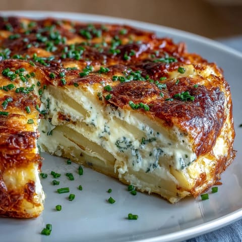 Golden, bubbly Cheese and Potato Pie fresh from the oven, with melted Gruyère and cheddar stretching across creamy potato layers.