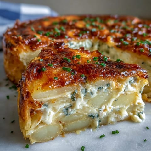 Slices of savory Cheese and Potato Pie are served warm on a plate, garnished with fresh chives and a side salad.