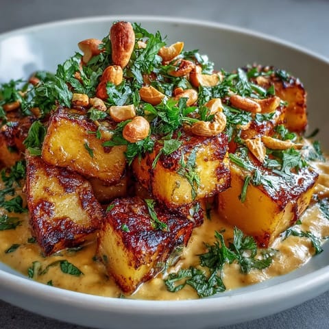 Golden roasted celeriac chunks simmer in an aromatic coconut curry sauce, garnished with fresh cilantro and toasted cashews.