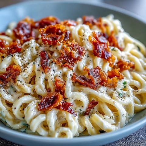 Savory low-carb Celeriac Carbonara twirled on a fork, showcasing rich sauce and crispy pancetta against a rustic wooden board.