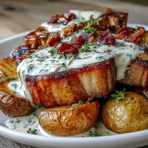 Golden-seared Crockpot Ranch Pork Chops served in velvety ranch sauce with buttery potatoes and carrots.