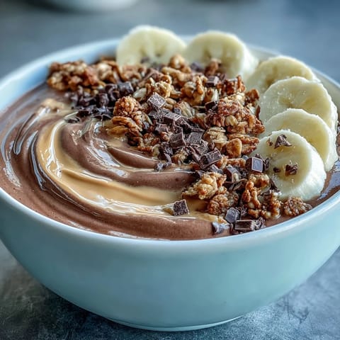 A thick, frosty Chocolate Peanut Butter Smoothie Bowl swirled with peanut butter, finished with banana slices and crunchy granola.