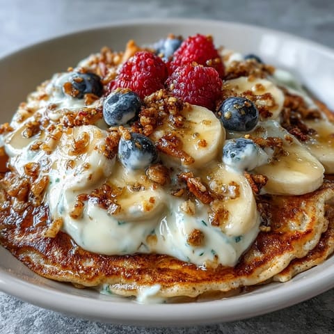 Topped with fresh blueberries, strawberries, and chopped nuts, this Protein Pancake Bowl shines with a honey drizzle.