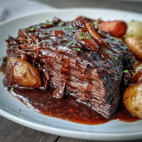 Golden-brown beef pot roast with tender carrots and potatoes in rich red wine gravy on a rustic platter.