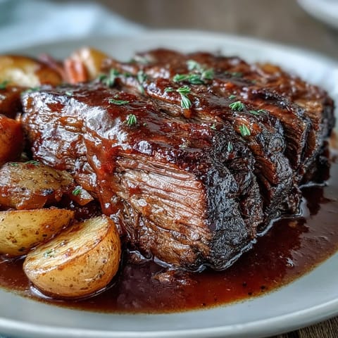 Slow-braised beef pot roast served with carrots and baby potatoes, garnished with fresh thyme and rosemary.