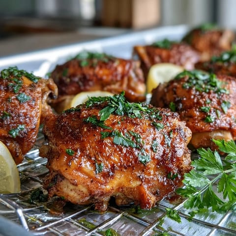 A close-up of Crispy Baked Bone-In Chicken Thighs with juicy, succulent meat.