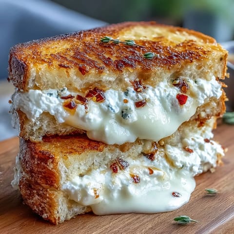 Golden, crisp sourdough slices sandwiching creamy goat cheese and cream cheese, drizzled with honey and sprinkled with chili flakes.