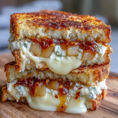 Warm, gooey Goat Cheese Grilled Cheese with Honey & Chili Flakes rests on a white plate, cut in half to show the melted filling.