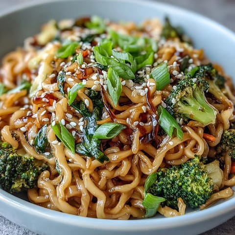 A close-up of an Asian Teriyaki Noodle Bowl with glistening sauce coating tender egg noodles, crisp broccoli florets, and bright orange carrots. Toasted sesame seeds and fresh green onions garnish the steaming dish.