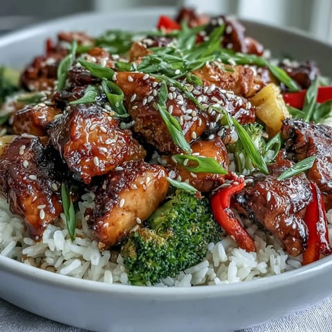 Close-up of a Teriyaki Chicken and Rice Bowl featuring tender glazed chicken, fluffy steamed rice, crisp broccoli, carrots, and vibrant red peppers.