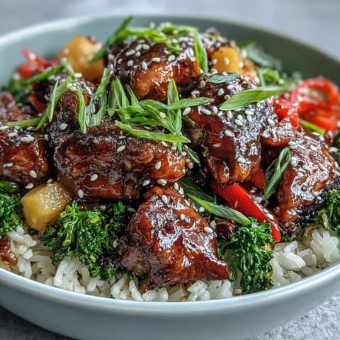 Steaming Teriyaki Chicken and Rice Bowl topped with juicy pineapple chunks, scallions, and toasted sesame seeds ready for dinner.