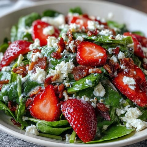 Fresh strawberry spinach salad with poppyseed dressing, showcasing vibrant red berries and green spinach in a light, refreshing summer dish.