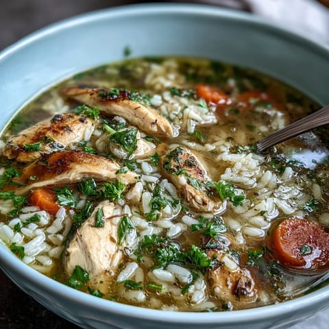 A steaming bowl of Easy Chicken Run One-Pot Chicken and Rice Soup, brimming with tender chicken, carrots, and celery.