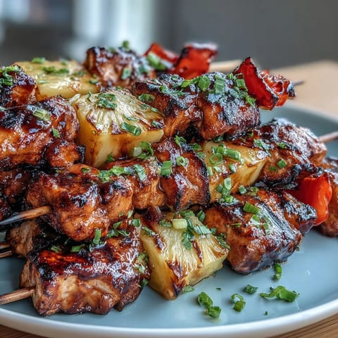 Juicy grilled pineapple chicken skewers with tender marinated chicken and sweet caramelized pineapple chunks, perfect for summer cookouts.