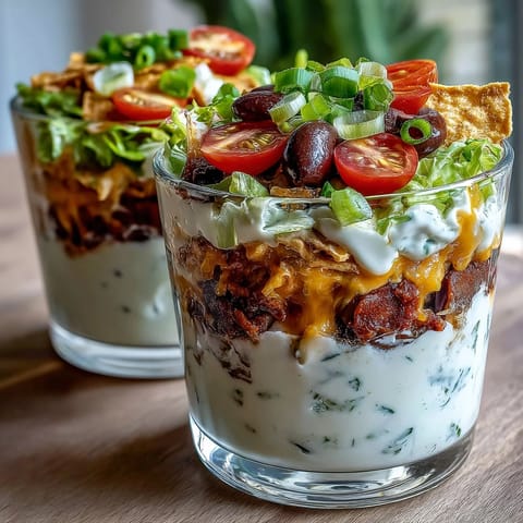 Easy Taco Dip Cups layered in clear cups with creamy sour cream, seasoned refried beans, and fresh veggies, topped with melted cheddar.
