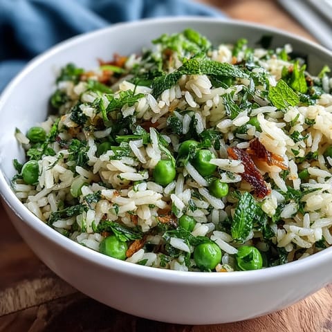 Spring Pea and Mint Rice Pilaf with vibrant green peas and fresh mint, served in a white bowl beside a lemon wedge.  